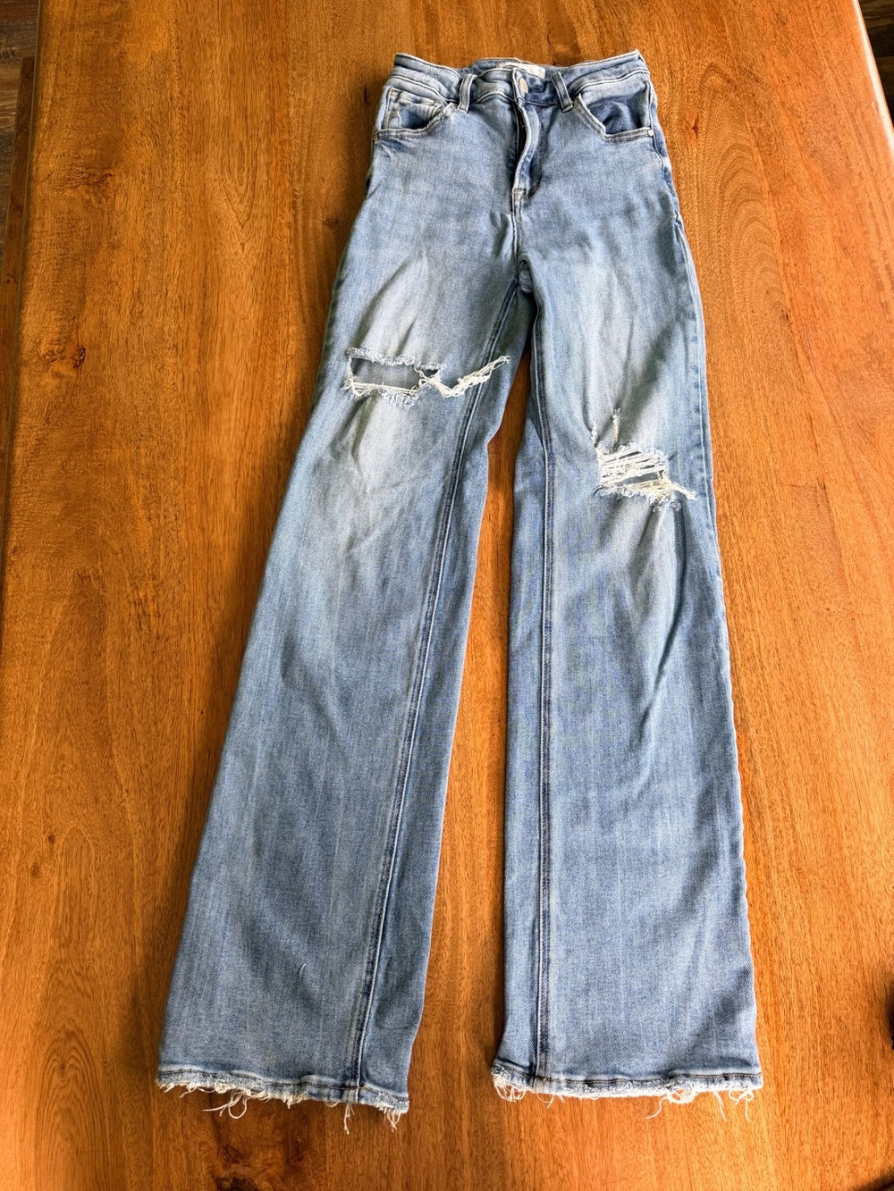 Women's Light Blue Distressed Wide-Leg Jeans